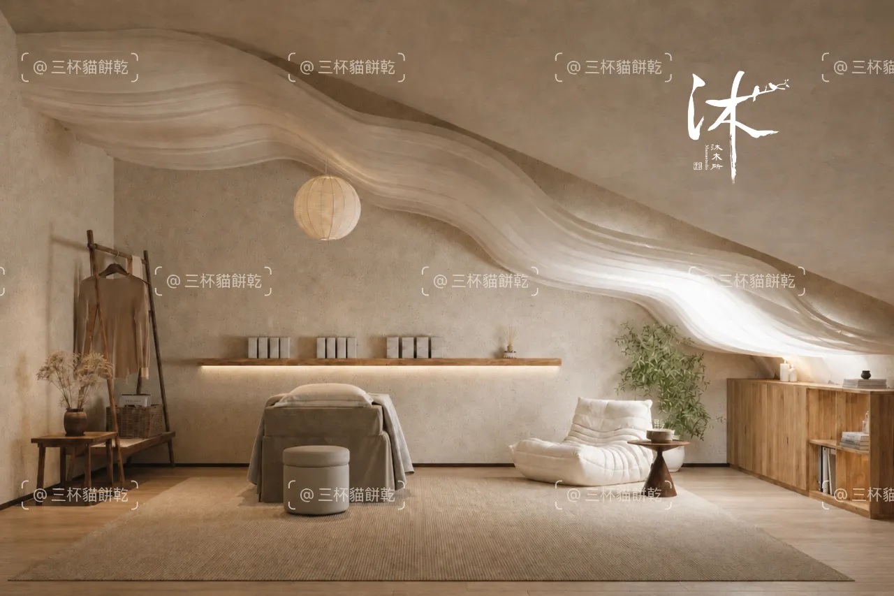 沐木所養生美學空間品牌視覺設計，呈現頭皮理療與岩盤浴空間情境及品牌 Logo
