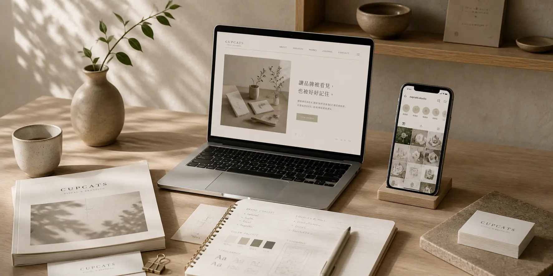 Cupcats 網站設計與數位品牌應用情境圖：筆電網站介面、手機社群內容與品牌設計素材，呈現一致的數位品牌體驗。
