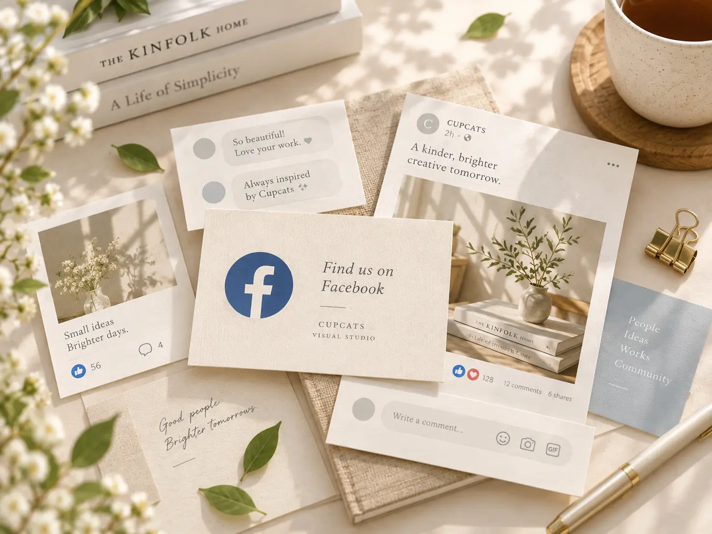 Cupcats 聯絡我們頁面 Facebook 情境圖：多張品牌動態、貼文分享與留言互動小卡疊放，搭配低彩藍色元素、米白紙材與自然光桌面場景。