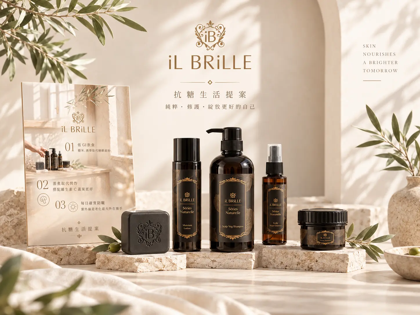 ANSEI PRIME 電商網站與 iL BRiLLE 美容保養品牌內容設計作品情境 Mockup，以黑金保養產品、明亮米白空間與抗糖生活圖文呈現品牌視覺。