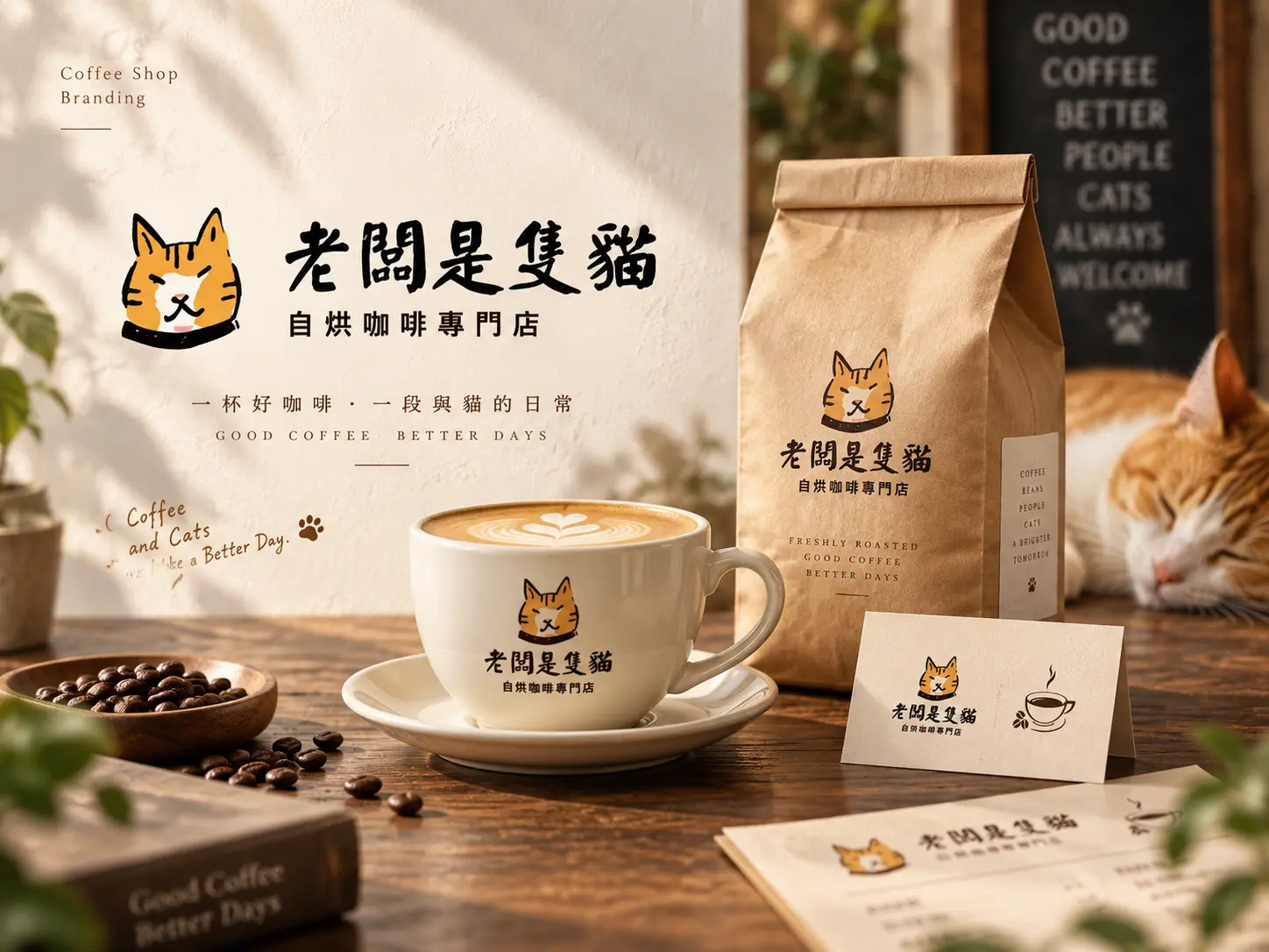 老闆是隻貓自烘咖啡專門店咖啡菜單設計作品情境 Mockup，以咖啡豆、紙材與自然光影呈現溫暖的咖啡品牌氛圍。