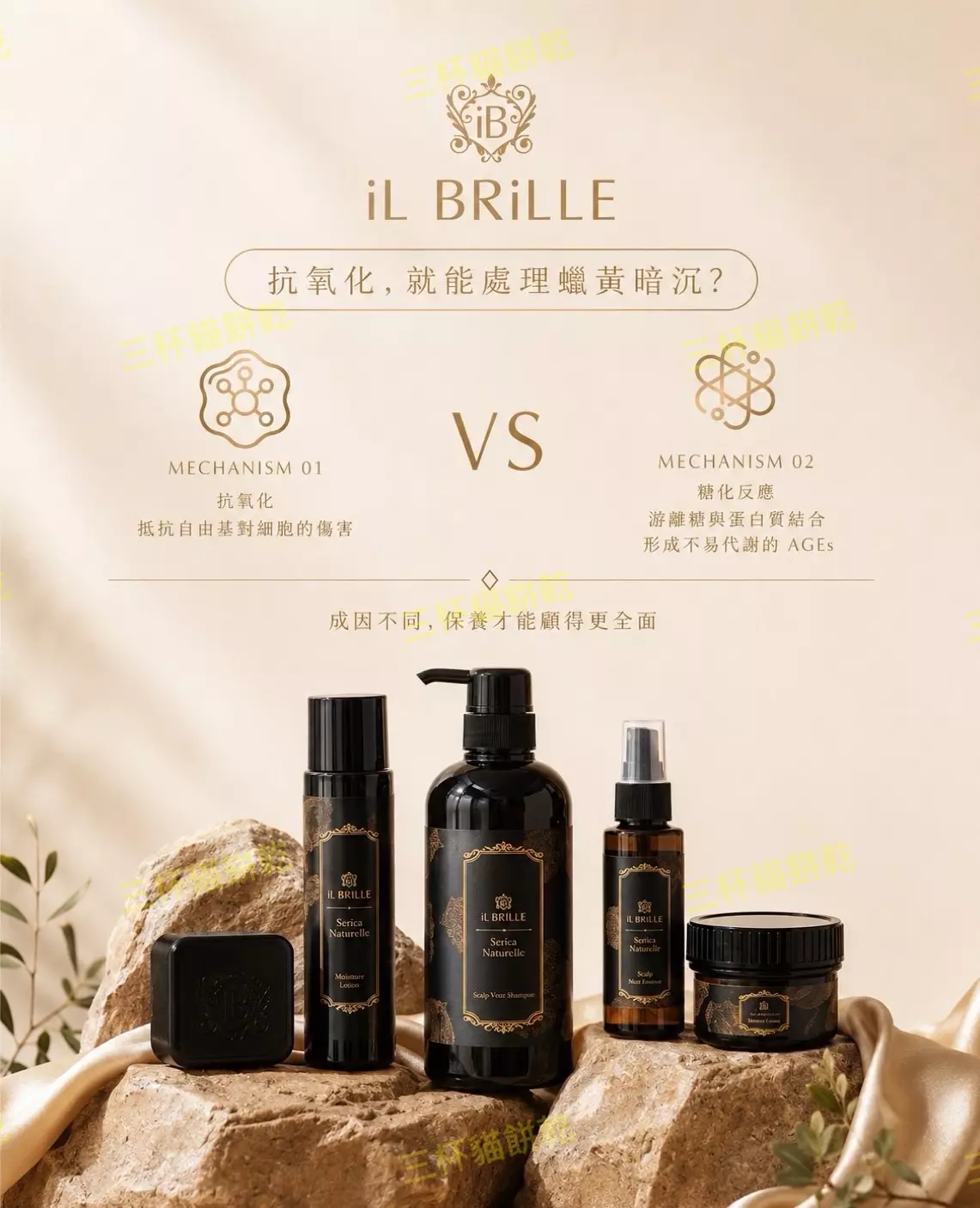 iL BRiLLE 抗氧化與糖化反應比較內容視覺設計，以黑金保養產品與資訊圖示呈現兩種肌膚老化機制差異。