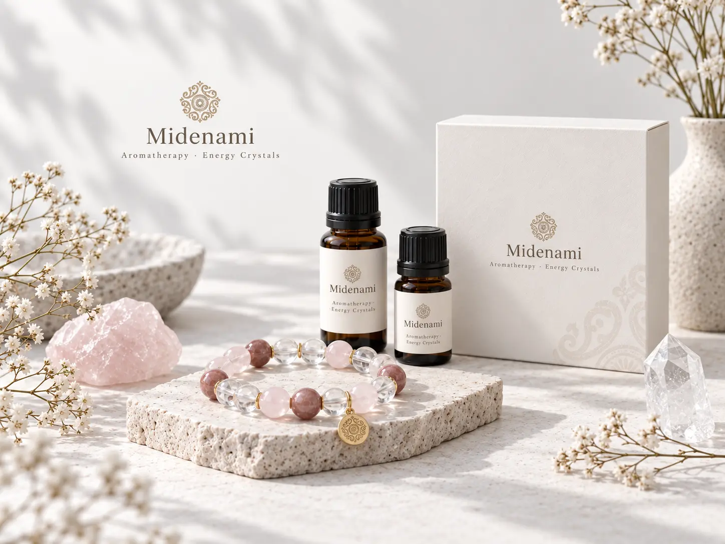 Midenami 芳療與水晶品牌內容視覺設計作品情境 Mockup，以精油、水晶手串、天然晶石與明亮米白色調呈現乾淨療癒的品牌氛圍。