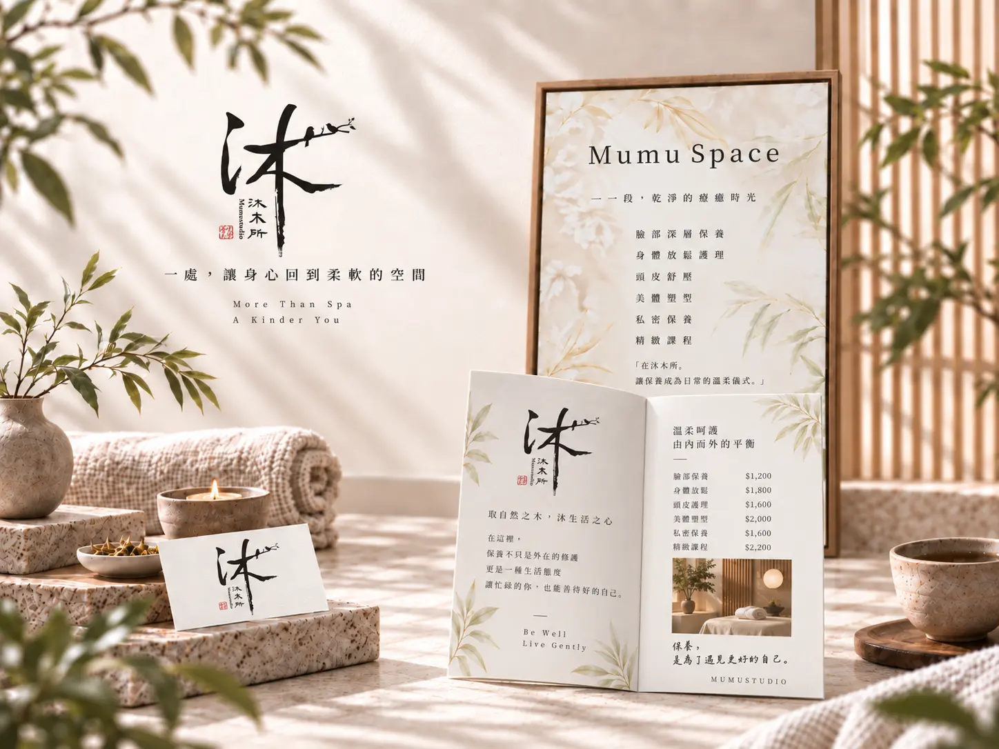 沐木所 Mumu Space 養生 SPA 品牌內容視覺作品情境 Mockup，以明亮米白、自然木質、植栽、品牌手冊與識別紙品呈現溫柔療癒的空間氛圍。