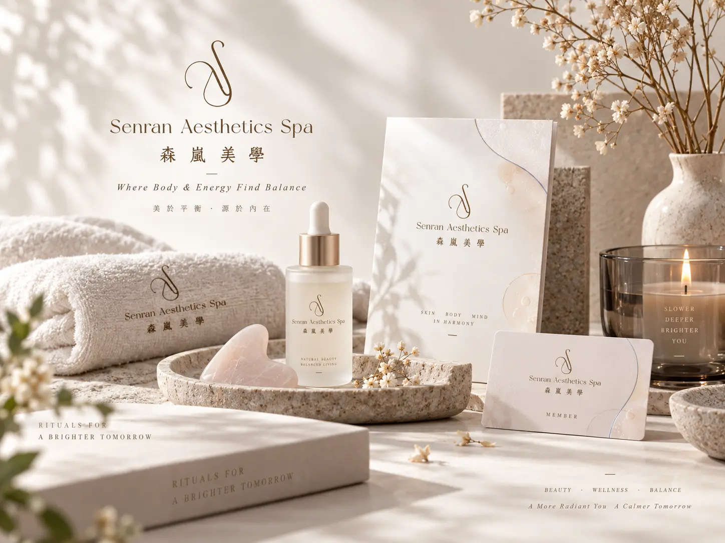 森嵐美學 SPA 服務視覺設計作品情境 Mockup，以明亮米白、淡杏與自然材質呈現柔和療癒的美容 SPA 氛圍。