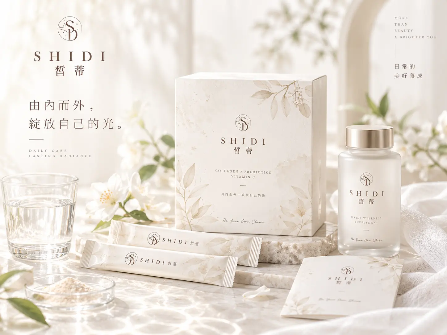 SHIDI 皙蒂保健內容視覺設計作品情境 Mockup，以明亮米白、淡杏與日常保養展示元素呈現輕盈清爽的品牌氛圍。