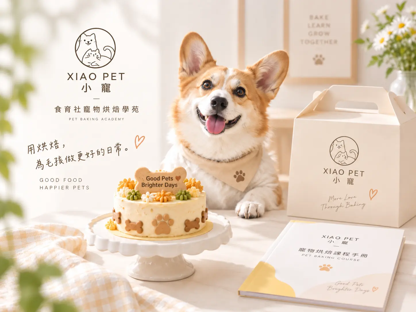 XIAO PET 小寵寵物烘焙課程內容視覺設計作品情境 Mockup，以狗狗、寵物造型蛋糕與課程教材呈現明亮溫暖的寵物烘焙教學氛圍。