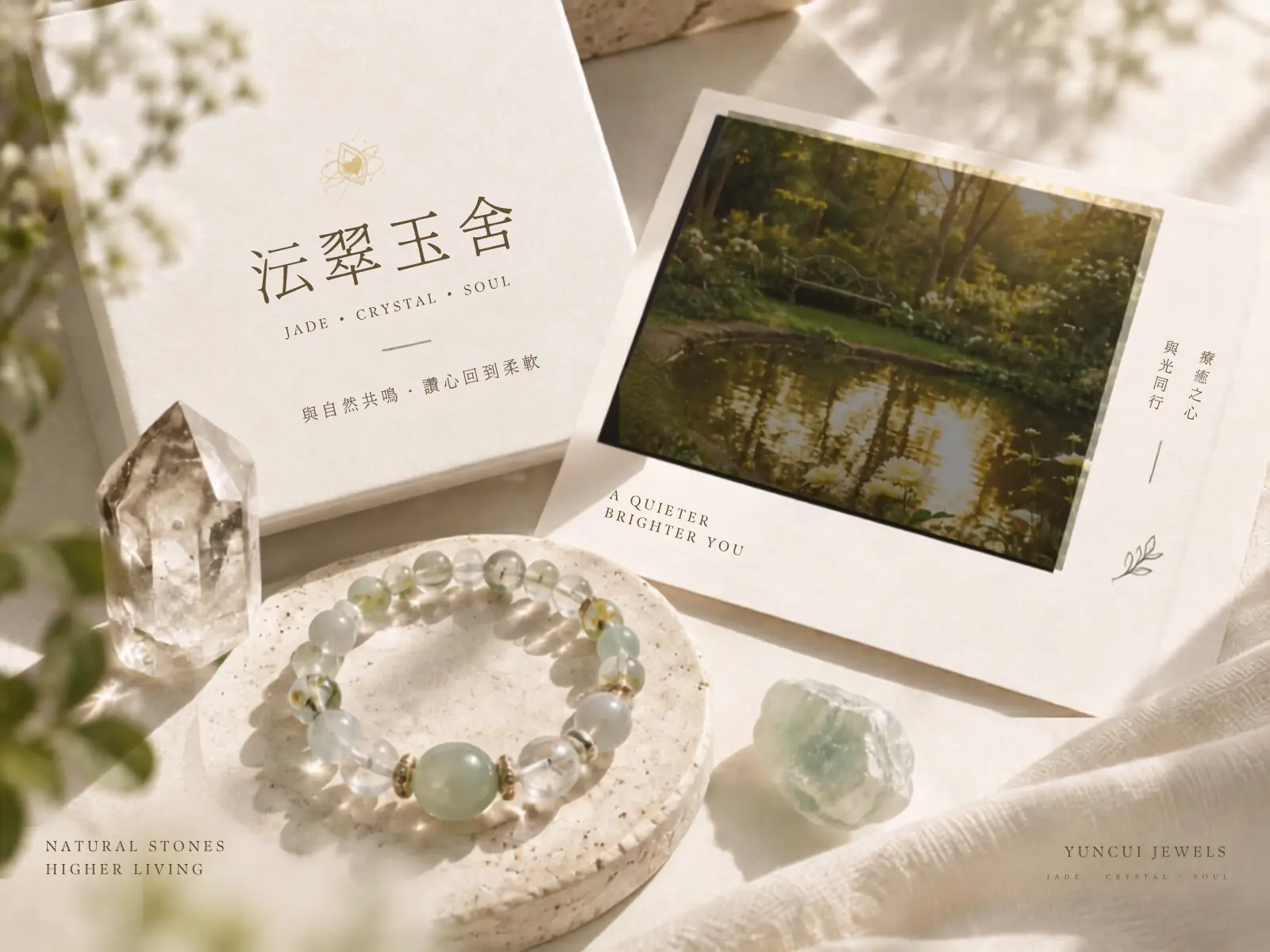 沄翠玉舍水晶翡翠與靈性內容視覺設計作品情境 Mockup，以明亮米白、天然水晶、手串與自然景色呈現乾淨療癒的品牌氛圍。