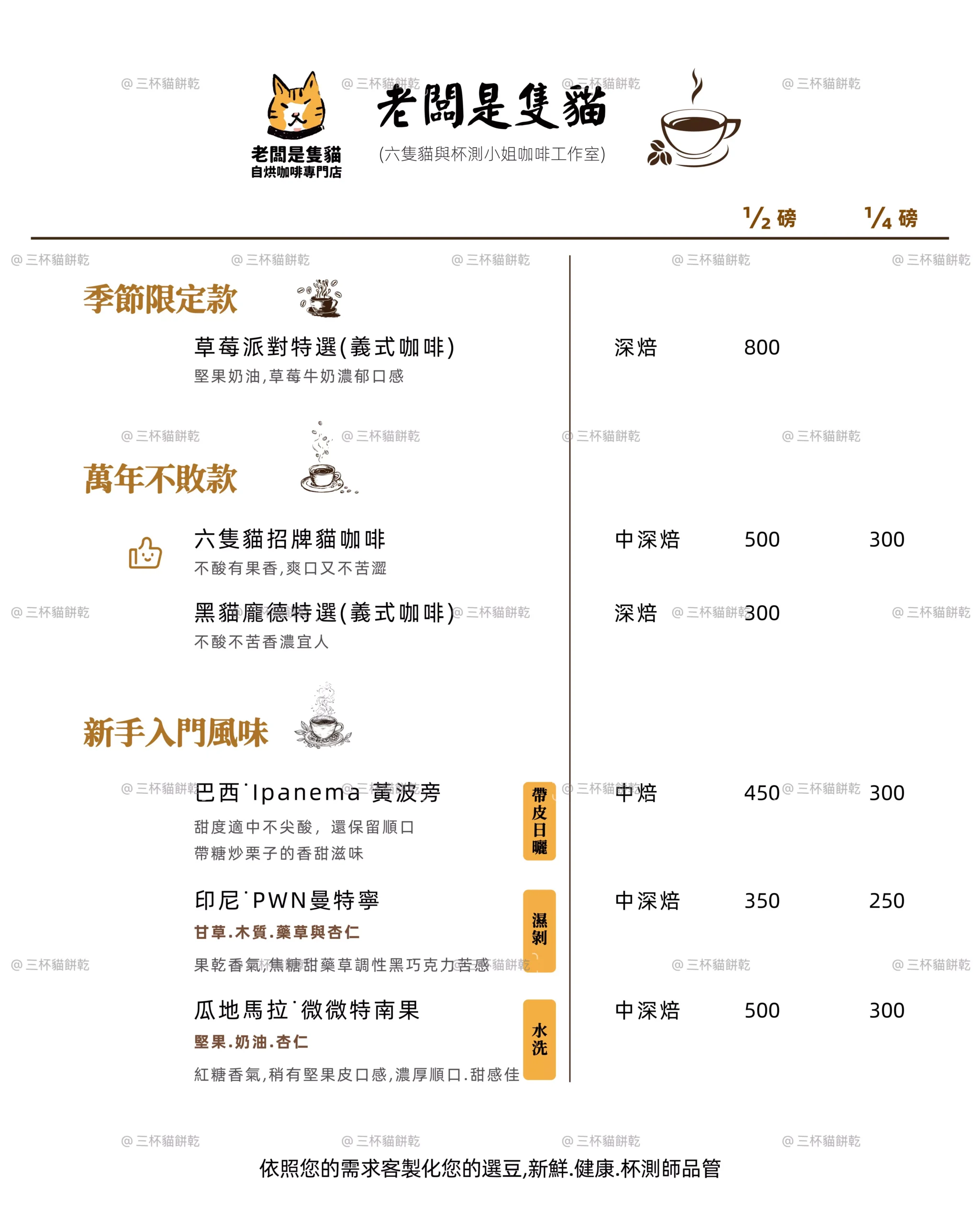 老闆是隻貓咖啡豆菜單設計，呈現季節限定款、經典風味與新手入門咖啡豆的風味說明、烘焙程度及價格資訊。