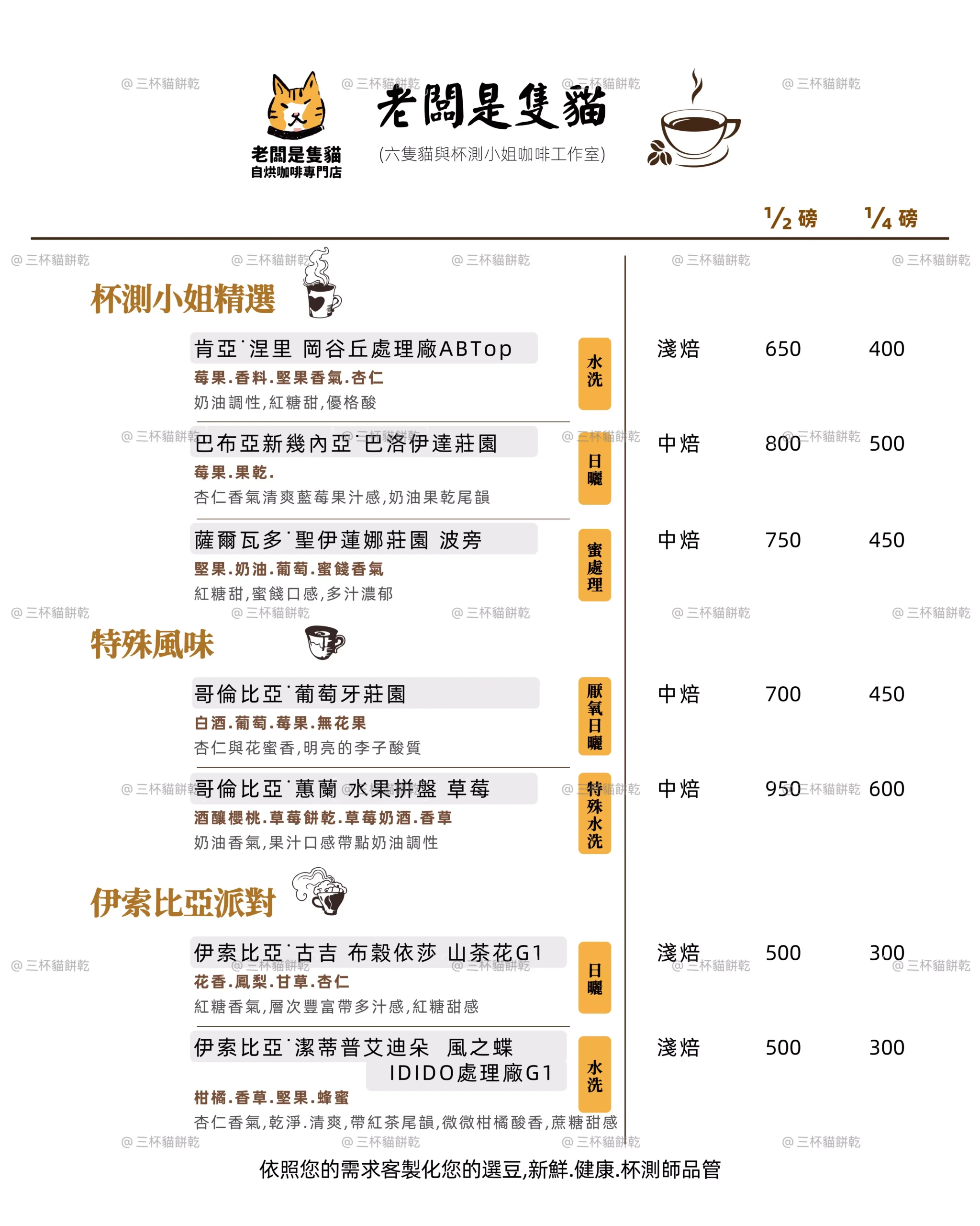 老闆是隻貓咖啡豆菜單設計，呈現精選咖啡豆、特殊風味與衣索比亞產區豆款的處理法、烘焙程度及價格資訊。