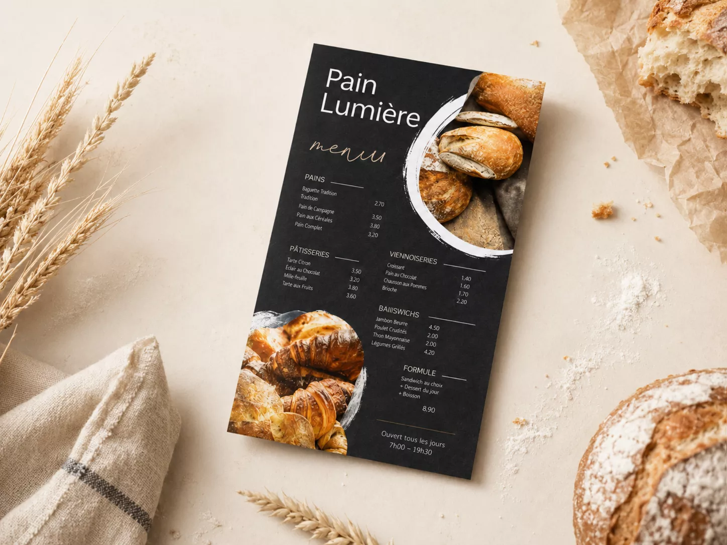 Pain Lumière 烘焙品牌菜單作品封面，以深色直式菜單搭配麥穗、麵包、布料與暖色靜物元素呈現品牌視覺質感。