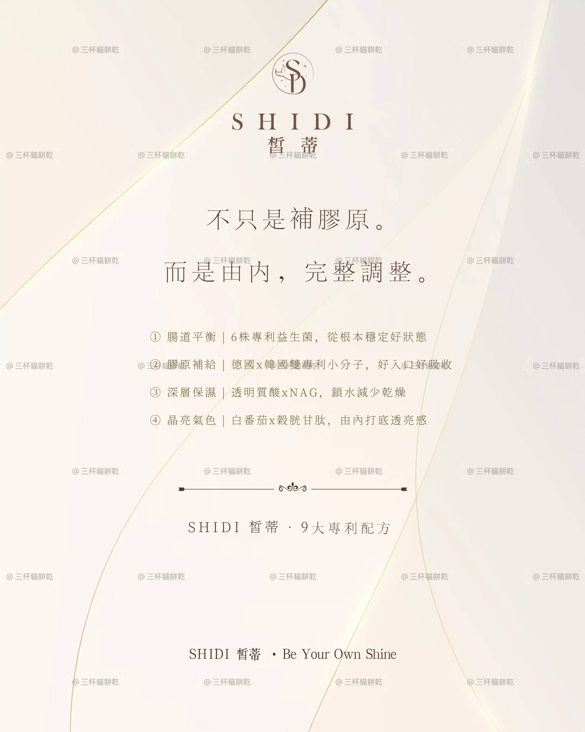 SHIDI 皙蒂保養觀念品牌圖文，以簡約米白版面與細緻資訊層級呈現日常保養內容。