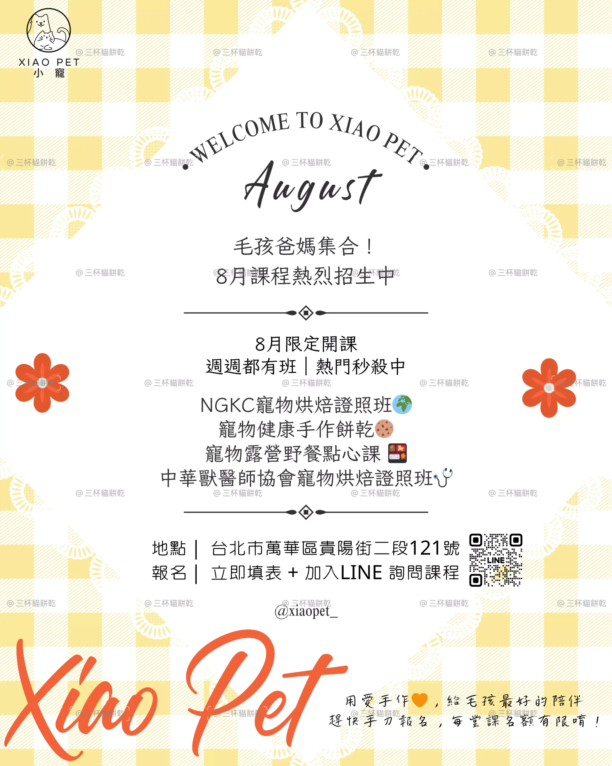 Xsiao Pet 寵物烘焙學苑八月課程資訊視覺，以黃色格紋、品牌 Logo 與課程內容呈現當月學習安排。