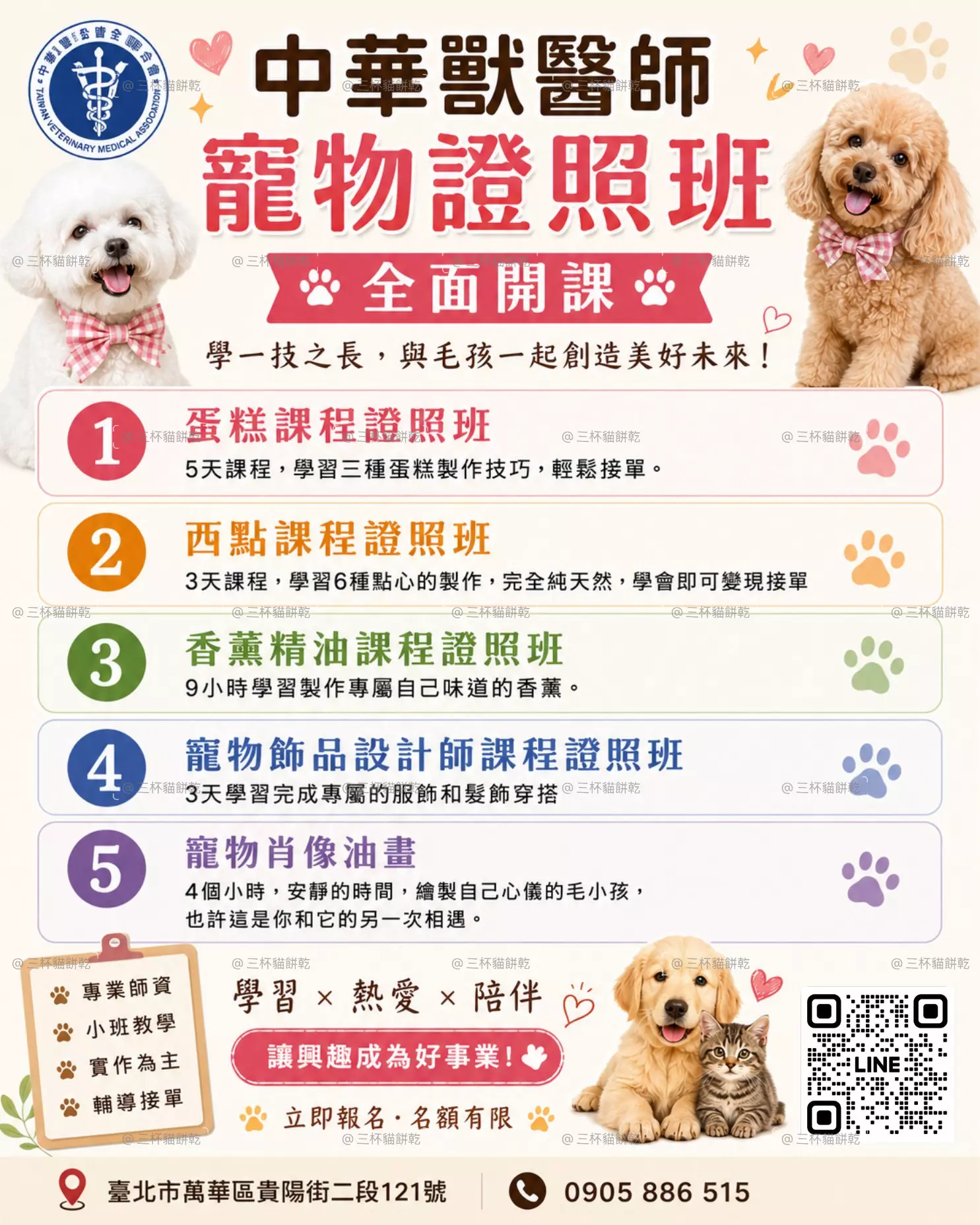 Xsiao Pet 寵物烘焙學苑寵物證照班課程資訊圖，整理多項寵物專業課程與報名資訊。